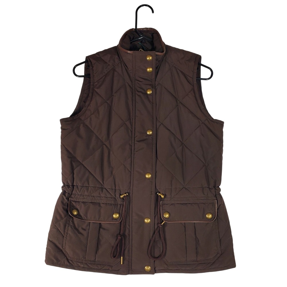 Lauren Ralph Lauren Brown Quilted Vest Women Small Gold Snap Pockets Drawstring